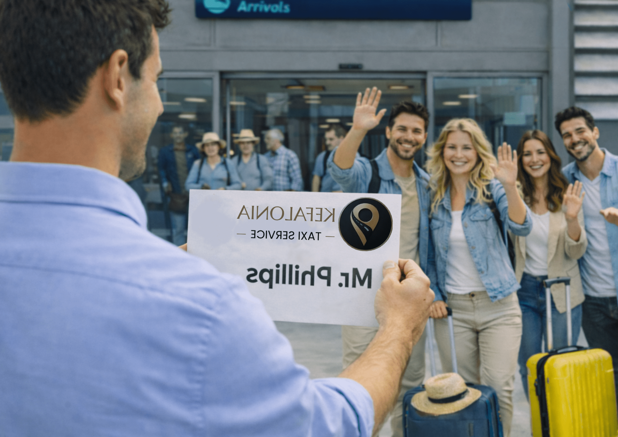 Airport Transfers in Kefalonia- driver welcomes a group at Kefalonia aiport