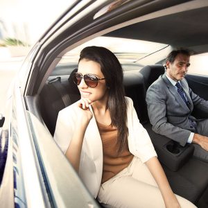 couple in a taxi on the way to port